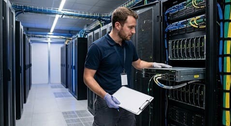 Technicien contrôlant une baie serveur