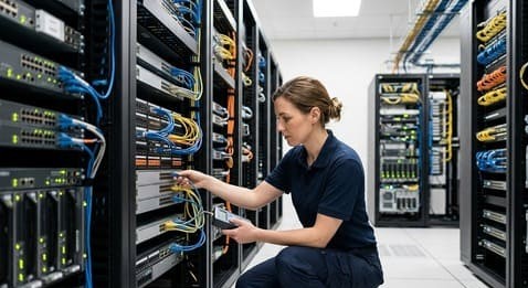 Technicienne intervenant sur le câblage réseau