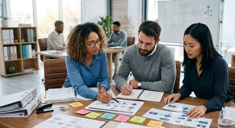 Équipe préparant des procédures techniques autour d'un plan